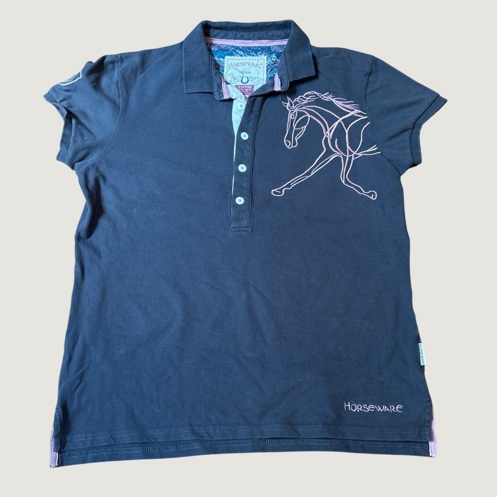 Horseware Ireland Polo Shirt Women Grey Pink Graphic Equestrian SIZE XL